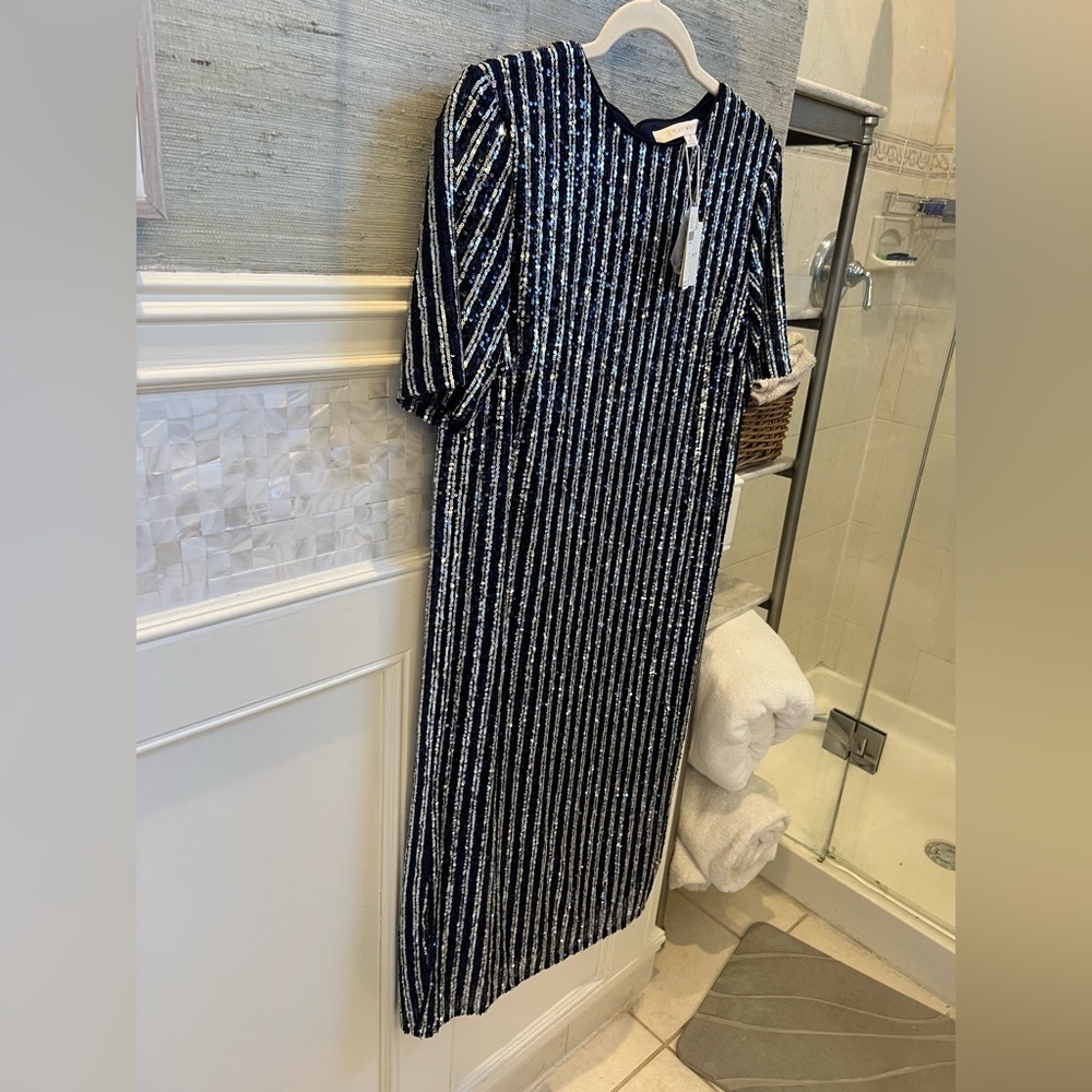 NWT new small Anthropologie flat white short sleeve sequin stripe midi dress - Picture 15 of 17